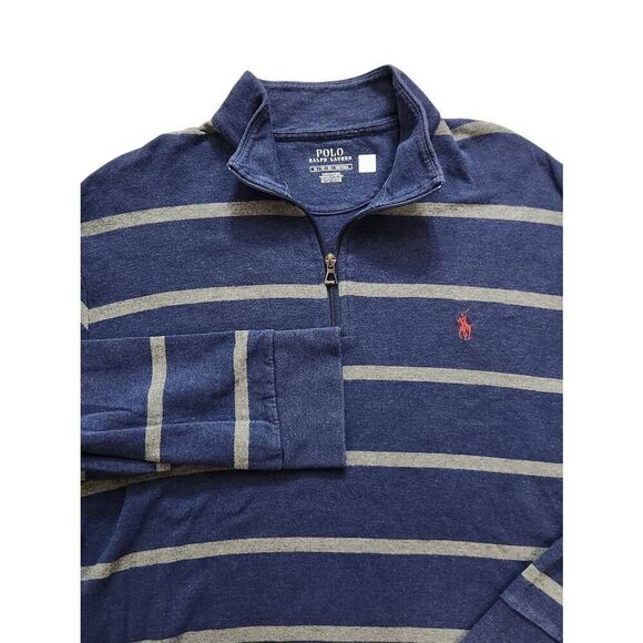 Polo Ralph Lauren Modal cotton Blend 1/4 zip XL mens Blue gray striped red logo - Picture 1 of 8